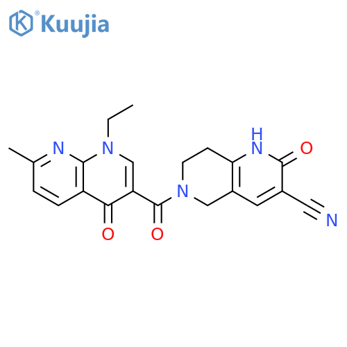 6-(1-ethyl-7-methyl-4-oxo-1,8-naphthyridine-3-carbonyl)-2-oxo-1,5,7,8-tetrahydro-1,6-naphthyridine-3-carbonitrile structure