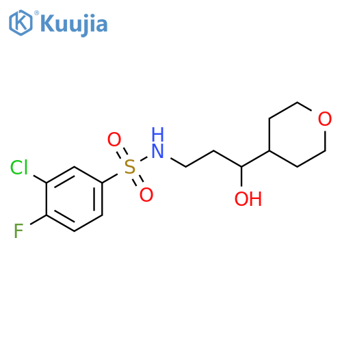 3-chloro-4-fluoro-N-3-hydroxy-3-(oxan-4-yl)propylbenzene-1-sulfonamide structure