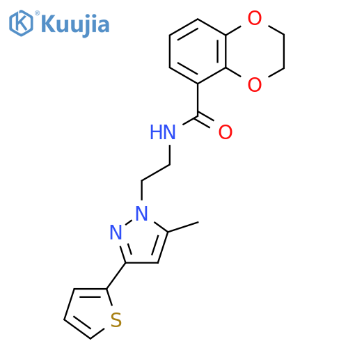 N-{2-5-methyl-3-(thiophen-2-yl)-1H-pyrazol-1-ylethyl}-2,3-dihydro-1,4-benzodioxine-5-carboxamide structure