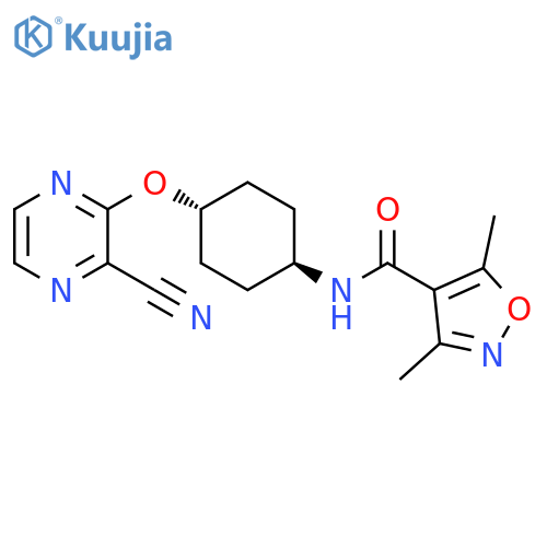 3,5-dimethyl-N-(1r,4r)-4-(3-cyanopyrazin-2-yl)oxycyclohexyl-1,2-oxazole-4-carboxamide structure