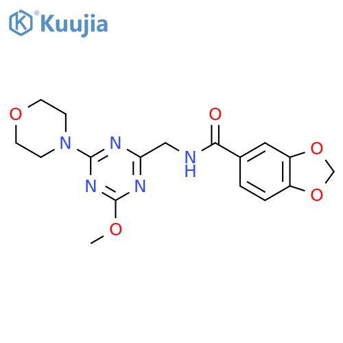 N-{4-methoxy-6-(morpholin-4-yl)-1,3,5-triazin-2-ylmethyl}-2H-1,3-benzodioxole-5-carboxamide structure