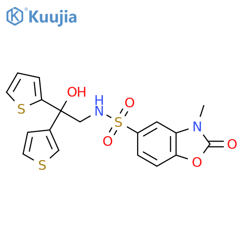 N-2-hydroxy-2-(thiophen-2-yl)-2-(thiophen-3-yl)ethyl-3-methyl-2-oxo-2,3-dihydro-1,3-benzoxazole-5-sulfonamide structure