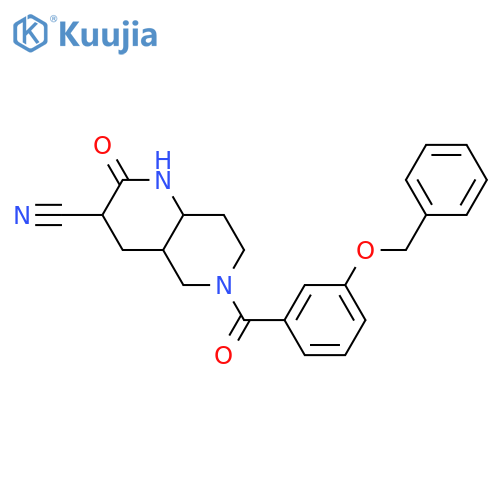 2-Oxo-6-(3-phenylmethoxybenzoyl)-1,3,4,4a,5,7,8,8a-octahydro-1,6-naphthyridine-3-carbonitrile structure