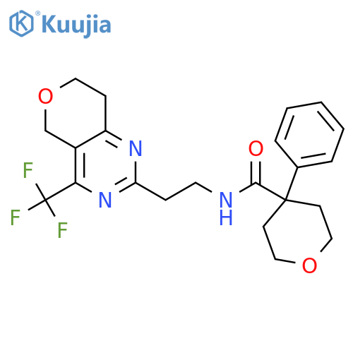 4-phenyl-N-{2-[4-(trifluoromethyl)-5H,7H,8H-pyrano[4,3-d]pyrimidin-2-yl]ethyl}oxane-4-carboxamide structure