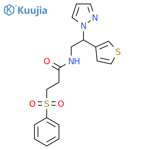 3-(benzenesulfonyl)-N-[2-(1H-pyrazol-1-yl)-2-(thiophen-3-yl)ethyl]propanamide structure