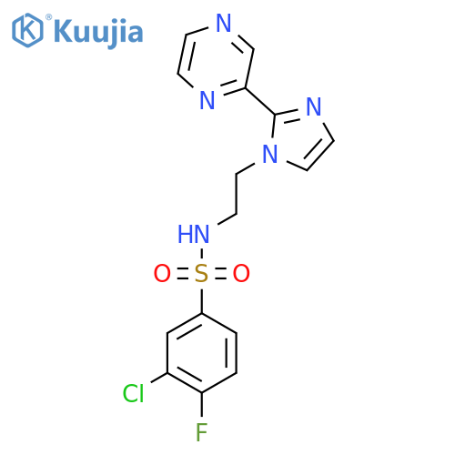 3-chloro-4-fluoro-N-{2-[2-(pyrazin-2-yl)-1H-imidazol-1-yl]ethyl}benzene-1-sulfonamide structure