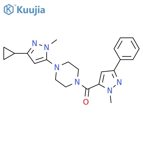 1-(3-cyclopropyl-1-methyl-1H-pyrazol-5-yl)-4-(1-methyl-3-phenyl-1H-pyrazole-5-carbonyl)piperazine structure