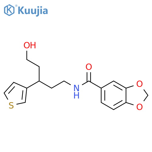 N-[5-hydroxy-3-(thiophen-3-yl)pentyl]-2H-1,3-benzodioxole-5-carboxamide structure