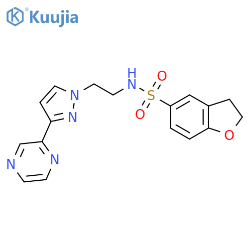 N-{2-3-(pyrazin-2-yl)-1H-pyrazol-1-ylethyl}-2,3-dihydro-1-benzofuran-5-sulfonamide structure