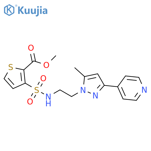 methyl 3-({2-[5-methyl-3-(pyridin-4-yl)-1H-pyrazol-1-yl]ethyl}sulfamoyl)thiophene-2-carboxylate structure
