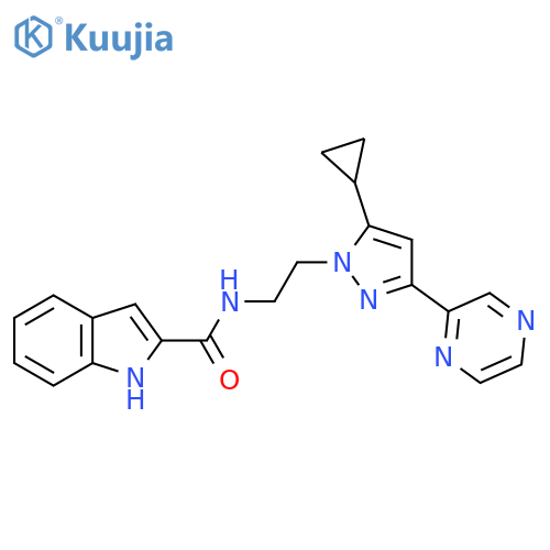 N-{2-5-cyclopropyl-3-(pyrazin-2-yl)-1H-pyrazol-1-ylethyl}-1H-indole-2-carboxamide structure
