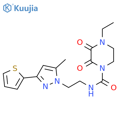 4-ethyl-N-{2-[5-methyl-3-(thiophen-2-yl)-1H-pyrazol-1-yl]ethyl}-2,3-dioxopiperazine-1-carboxamide structure