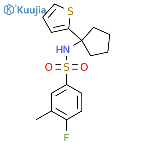 4-fluoro-3-methyl-N-1-(thiophen-2-yl)cyclopentylbenzene-1-sulfonamide structure