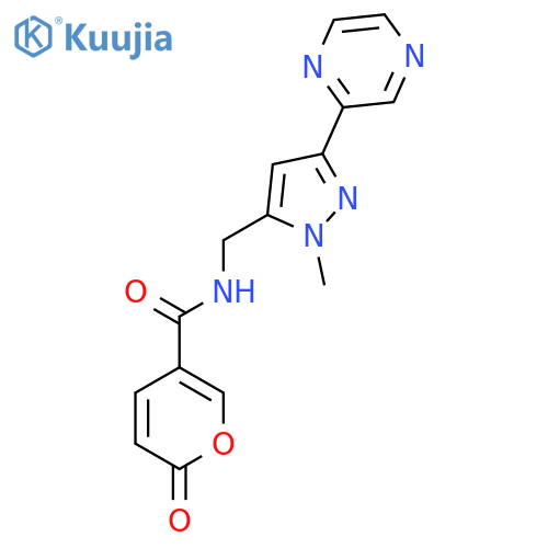N-{1-methyl-3-(pyrazin-2-yl)-1H-pyrazol-5-ylmethyl}-2-oxo-2H-pyran-5-carboxamide structure