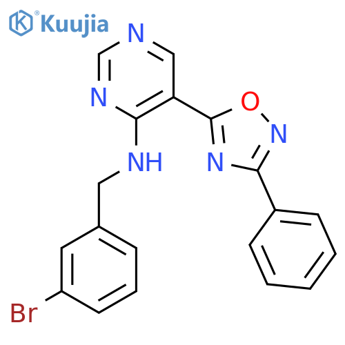 N-[(3-bromophenyl)methyl]-5-(3-phenyl-1,2,4-oxadiazol-5-yl)pyrimidin-4-amine structure