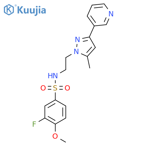 3-fluoro-4-methoxy-N-{2-5-methyl-3-(pyridin-3-yl)-1H-pyrazol-1-ylethyl}benzene-1-sulfonamide structure