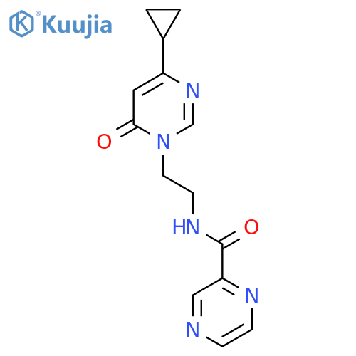 N-2-(4-cyclopropyl-6-oxo-1,6-dihydropyrimidin-1-yl)ethylpyrazine-2-carboxamide structure