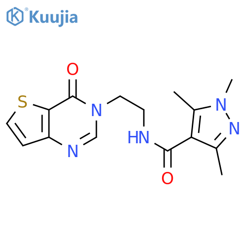 1,3,5-trimethyl-N-(2-{4-oxo-3H,4H-thieno[3,2-d]pyrimidin-3-yl}ethyl)-1H-pyrazole-4-carboxamide structure