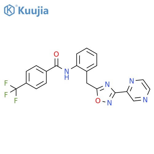 N-(2-{[3-(pyrazin-2-yl)-1,2,4-oxadiazol-5-yl]methyl}phenyl)-4-(trifluoromethyl)benzamide structure