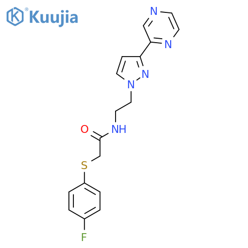 2-(4-fluorophenyl)sulfanyl-N-{2-3-(pyrazin-2-yl)-1H-pyrazol-1-ylethyl}acetamide structure