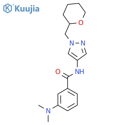 3-(dimethylamino)-N-(1-((tetrahydro-2H-pyran-2-yl)methyl)-1H-pyrazol-4-yl)benzamide structure