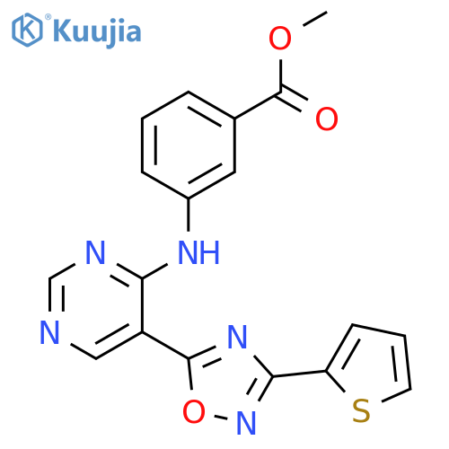 methyl 3-({5-[3-(thiophen-2-yl)-1,2,4-oxadiazol-5-yl]pyrimidin-4-yl}amino)benzoate structure