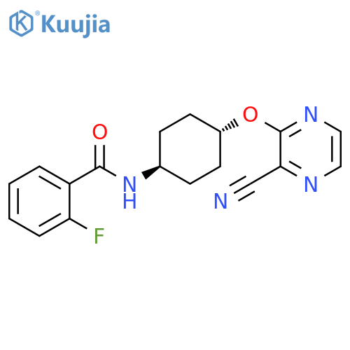 2-fluoro-N-(1r,4r)-4-(3-cyanopyrazin-2-yl)oxycyclohexylbenzamide structure