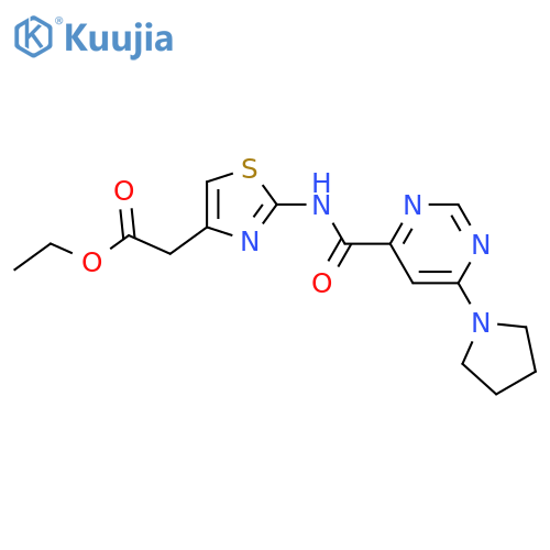 ethyl 2-{2-[6-(pyrrolidin-1-yl)pyrimidine-4-amido]-1,3-thiazol-4-yl}acetate structure