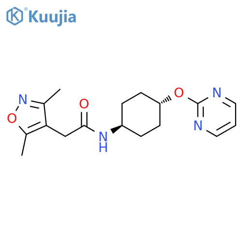 2-(3,5-dimethyl-1,2-oxazol-4-yl)-N-[(1r,4r)-4-(pyrimidin-2-yloxy)cyclohexyl]acetamide structure