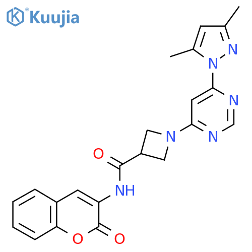 1-6-(3,5-dimethyl-1H-pyrazol-1-yl)pyrimidin-4-yl-N-(2-oxo-2H-chromen-3-yl)azetidine-3-carboxamide structure