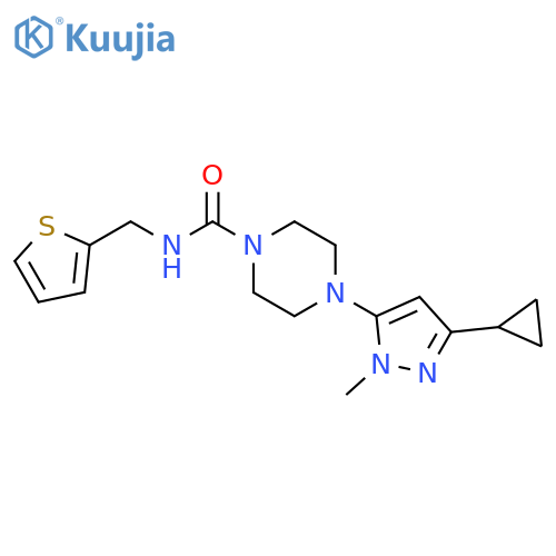 4-(3-cyclopropyl-1-methyl-1H-pyrazol-5-yl)-N-[(thiophen-2-yl)methyl]piperazine-1-carboxamide structure