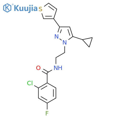 2-chloro-N-{2-[5-cyclopropyl-3-(thiophen-3-yl)-1H-pyrazol-1-yl]ethyl}-4-fluorobenzamide structure