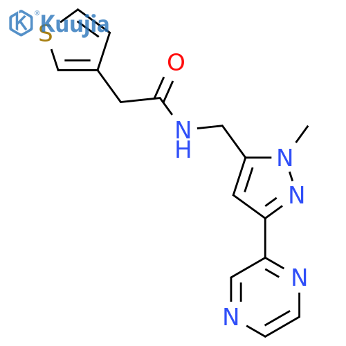 N-{1-methyl-3-(pyrazin-2-yl)-1H-pyrazol-5-ylmethyl}-2-(thiophen-3-yl)acetamide structure