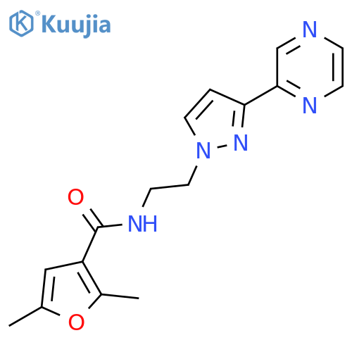 2,5-dimethyl-N-{2-3-(pyrazin-2-yl)-1H-pyrazol-1-ylethyl}furan-3-carboxamide structure