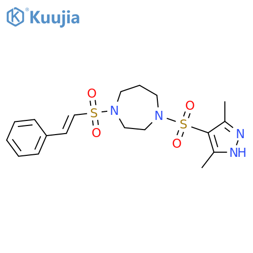 1-[(3,5-dimethyl-1H-pyrazol-4-yl)sulfonyl]-4-[(E)-2-phenylethenesulfonyl]-1,4-diazepane structure