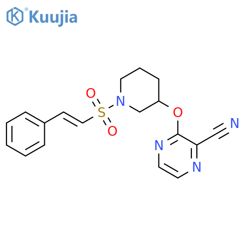 3-({1-[(E)-2-phenylethenesulfonyl]piperidin-3-yl}oxy)pyrazine-2-carbonitrile structure