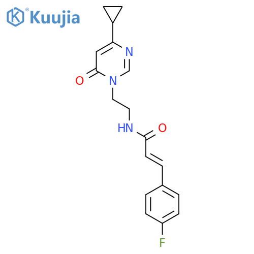 (2E)-N-2-(4-cyclopropyl-6-oxo-1,6-dihydropyrimidin-1-yl)ethyl-3-(4-fluorophenyl)prop-2-enamide structure