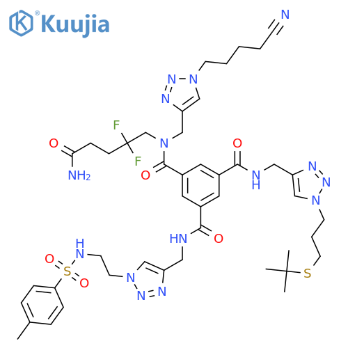 1,3,5-Benzenetricarboxamide, N1-(5-amino-2,2-difluoro-5-oxopentyl)-N1-[[1-(4-cyanobutyl)-1H-1,2,3-triazol-4-yl]methyl]-N3-[[1-[3-[(1,1-dimethylethyl)thio]propyl]-1H-1,2,3-triazol-4-yl]methyl]-N5-[[1-[2-[[(4-methylphenyl)sulfonyl]amino]ethyl]-1H-1,2,3-triazol-4-yl]methyl]- structure