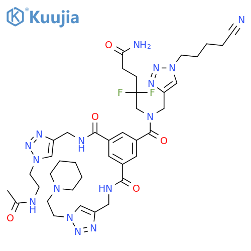 1,3,5-Benzenetricarboxamide, N3-[[1-[2-(acetylamino)ethyl]-1H-1,2,3-triazol-4-yl]methyl]-N1-(5-amino-2,2-difluoro-5-oxopentyl)-N1-[[1-(4-cyanobutyl)-1H-1,2,3-triazol-4-yl]methyl]-N5-[[1-[2-(1-piperidinyl)ethyl]-1H-1,2,3-triazol-4-yl]methyl]- structure