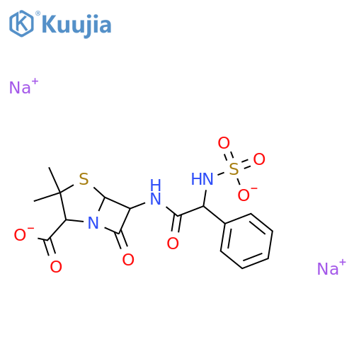 disodium (2S,5R,6R)-3,3-dimethyl-7-oxo-6-{[phenyl(sulfonatoamino)acetyl]amino}-4-thia-1-azabicyclo[3.2.0]heptane-2-carboxylate structure