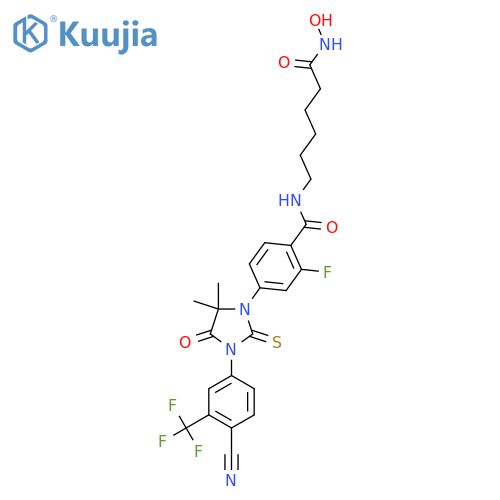 4-3-4-Cyano-3-(trifluoromethyl)phenyl-5,5-dimethyl-4-oxo-2-thioxo-1-imidazolidinyl-2-fluoro-N-6-(hydroxyamino)-6-oxohexylbenzamide structure