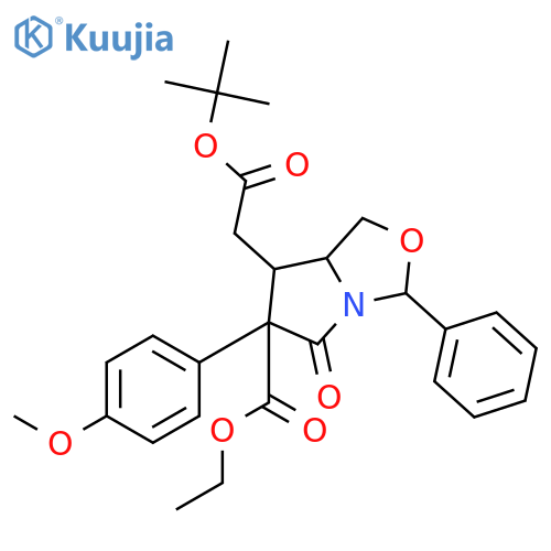 1H,3H-Pyrrolo[1,2-c]oxazole-7-acetic acid, 6-(ethoxycarbonyl)tetrahydro-6-(4-methoxyphenyl)-5-oxo-3-phenyl-, 1,1-dimethylethyl ester, (3R,7S,7aS)- structure