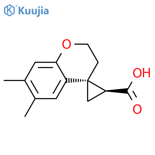 rac-(2'R,4S)-6,7-dimethyl-2,3-dihydrospiro1-benzopyran-4,1'-cyclopropane-2'-carboxylic acid structure