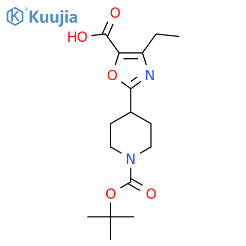 2-{1-(tert-butoxy)carbonylpiperidin-4-yl}-4-ethyl-1,3-oxazole-5-carboxylic acid structure