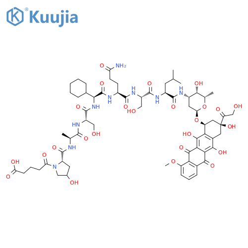 N-[N-(4-Carboxybutyryl)-4(R)-hydroxy-L-prolyl-L-alanyl-L-seryl-L-cyclohexylglycyl-L-glutaminyl-L-seryl-L-leucyl]doxorubicin structure