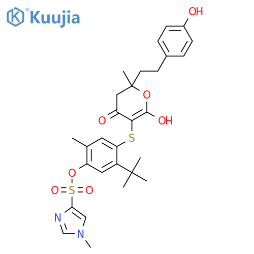 5-tert-butyl-4-({6-hydroxy-2-[2-(4-hydroxyphenyl)ethyl]-2-methyl-4-oxo-3,4-dihydro-2H-pyran-5-yl}sulfanyl)-2-methylphenyl 1-methyl-1H-imidazole-4-sulfonate structure