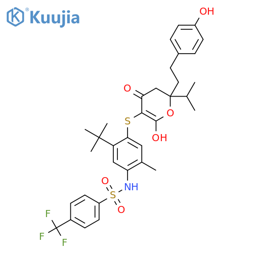 N-[5-tert-butyl-4-({6-hydroxy-2-[2-(4-hydroxyphenyl)ethyl]-2-(1-methylethyl)-4-oxo-3,4-dihydro-2H-pyran-5-yl}sulfanyl)-2-methylphenyl]-4-(trifluoromethyl)benzenesulfonamide structure