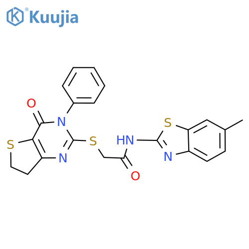 N-(6-methyl-1,3-benzothiazol-2-yl)-2-[(4-oxo-3-phenyl-6,7-dihydrothieno[3,2-d]pyrimidin-2-yl)sulfanyl]acetamide structure