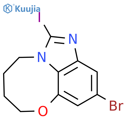 6-bromo-2-iodo-9-oxa-1,3-diazatricyclo[6.5.1.0?,1?]tetradeca-2,4(14),5,7-tetraene structure