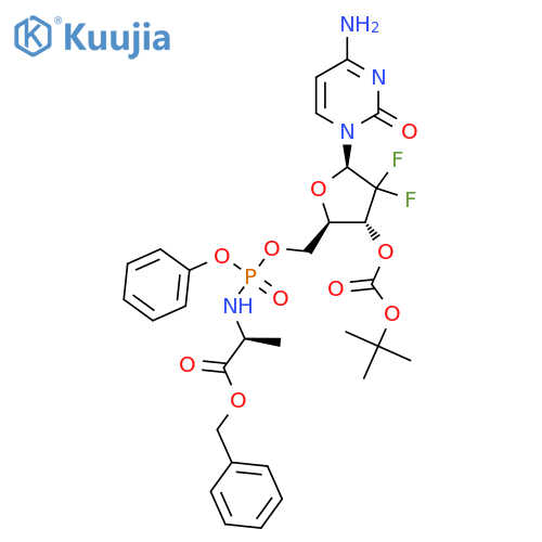 Benzyl ((((2R,3R,5R)-5-(4-amino-2-oxopyrimidin-1(2H)-yl)-3-((tert-butoxycarbonyl)oxy)-4,4-difluorotetrahydrofuran-2-yl)methoxy)(phenoxy)phosphoryl)-L-alaninate structure